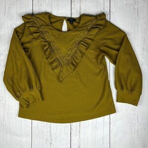 J.Crew Honeycomb Yellow Green Ruffle Western Peasant Long Sleeve Top Womens M